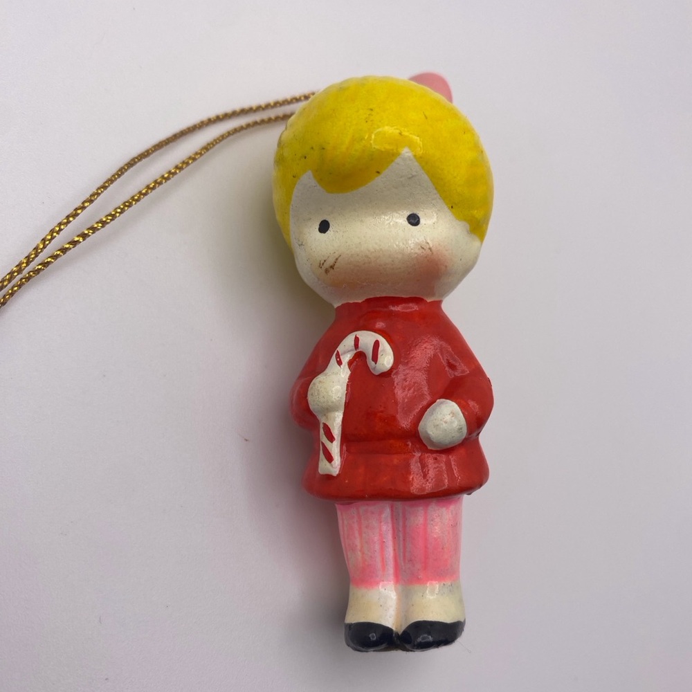 Vintage Joan Walsh Anglund Ceramic Christmas Ornament Girl with Candy Cane